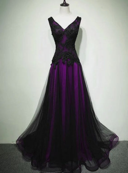A-line Black and Purple Tulle V-neckline Beaded Prom Dress, Black Tulle Formal Dress    fg4932