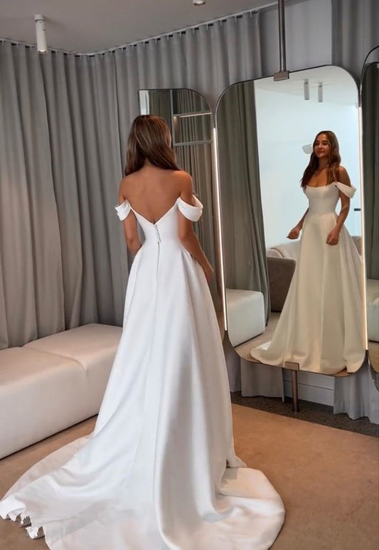 Satin A Line Wedding Dresses Sleeveless Off The Shoulder Silt Bridal Gowns Long Train Wedding Party Gowns Custom Made     fg5090