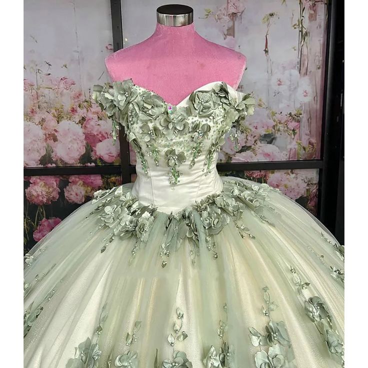 2024 New Sage Green Quinceanera Dress Plus Size 3D Flowers Pearls Prom Dresses       fg4422