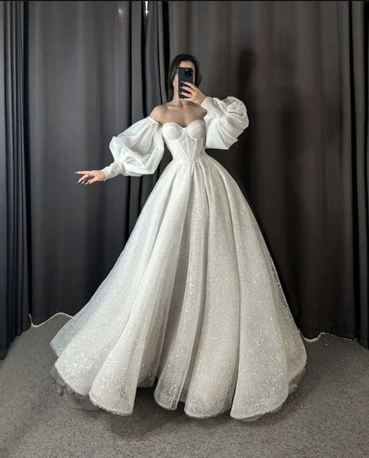 Glitter Tulle Wedding Dress, Favorite Puff Sleeve Ball Gown      fg3946