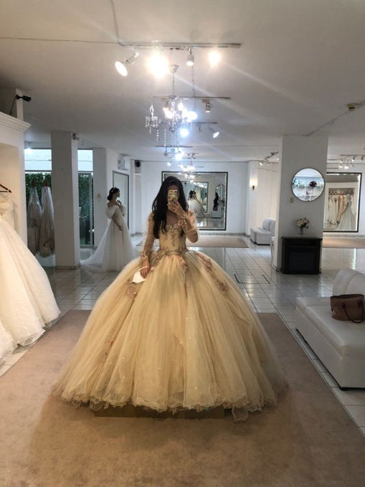 A Line Champagne Tulle Prom Dress With Flowers Puffy Quinceanera Dresses Ball Gown        fg3964
