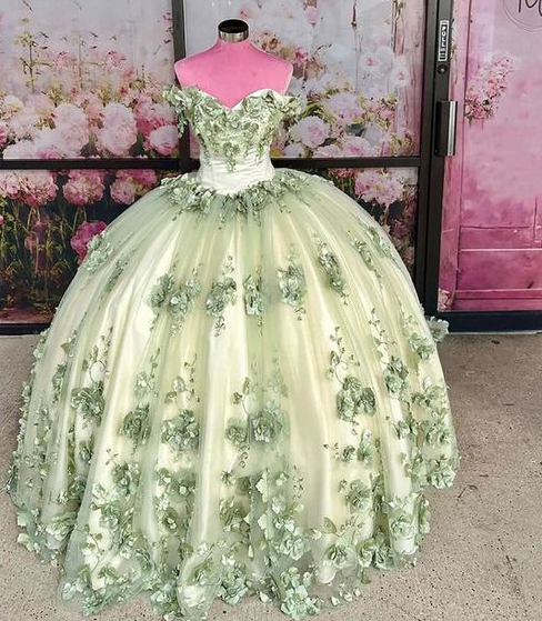 2024 New Sage Green Quinceanera Dress Plus Size 3D Flowers Pearls Prom Dresses       fg4422