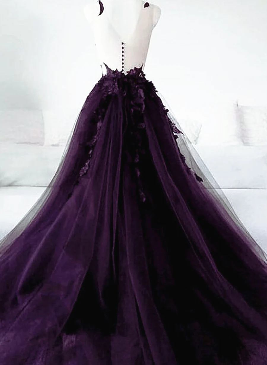 Dark Purple Tulle With Lace Applique Long Wedding Party Dress, Purple Formal Dress      fg4935